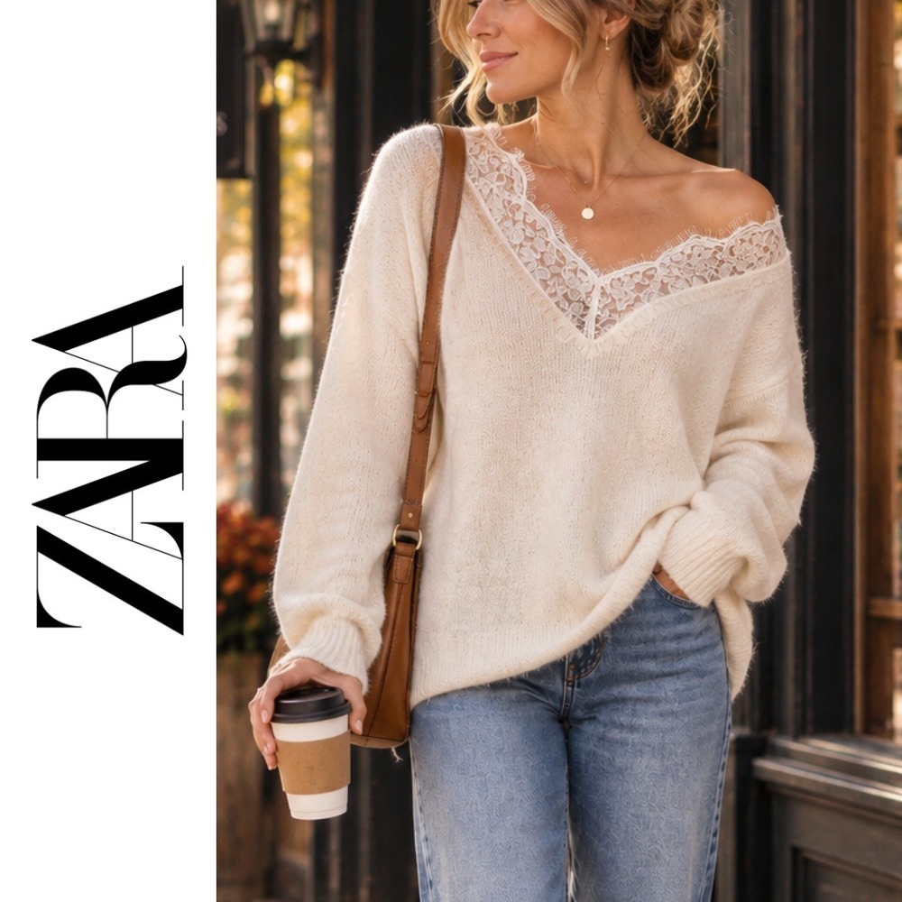 Zara, Ivory Wool Blend Lace V-Neck Oversized Sweater 5755/125/712/S Size Small